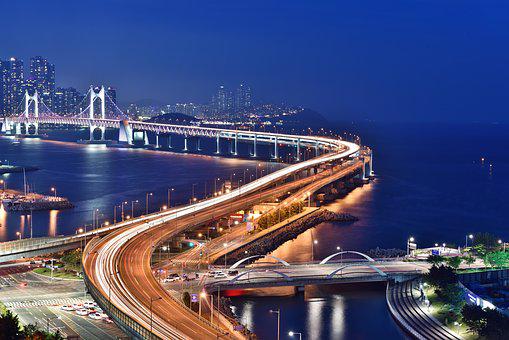 釜山夜景, 桥, 釜山, 夜晚, 广安桥, 海, 高速公路, 韩国, 长期接触