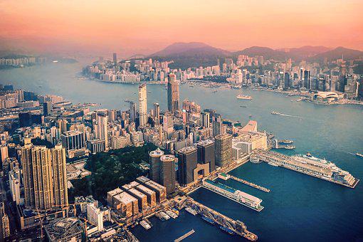 香港, 城市, 河, 全景, 多雾路段, 阴霾, 城市景观, 建筑物, 摩天大楼